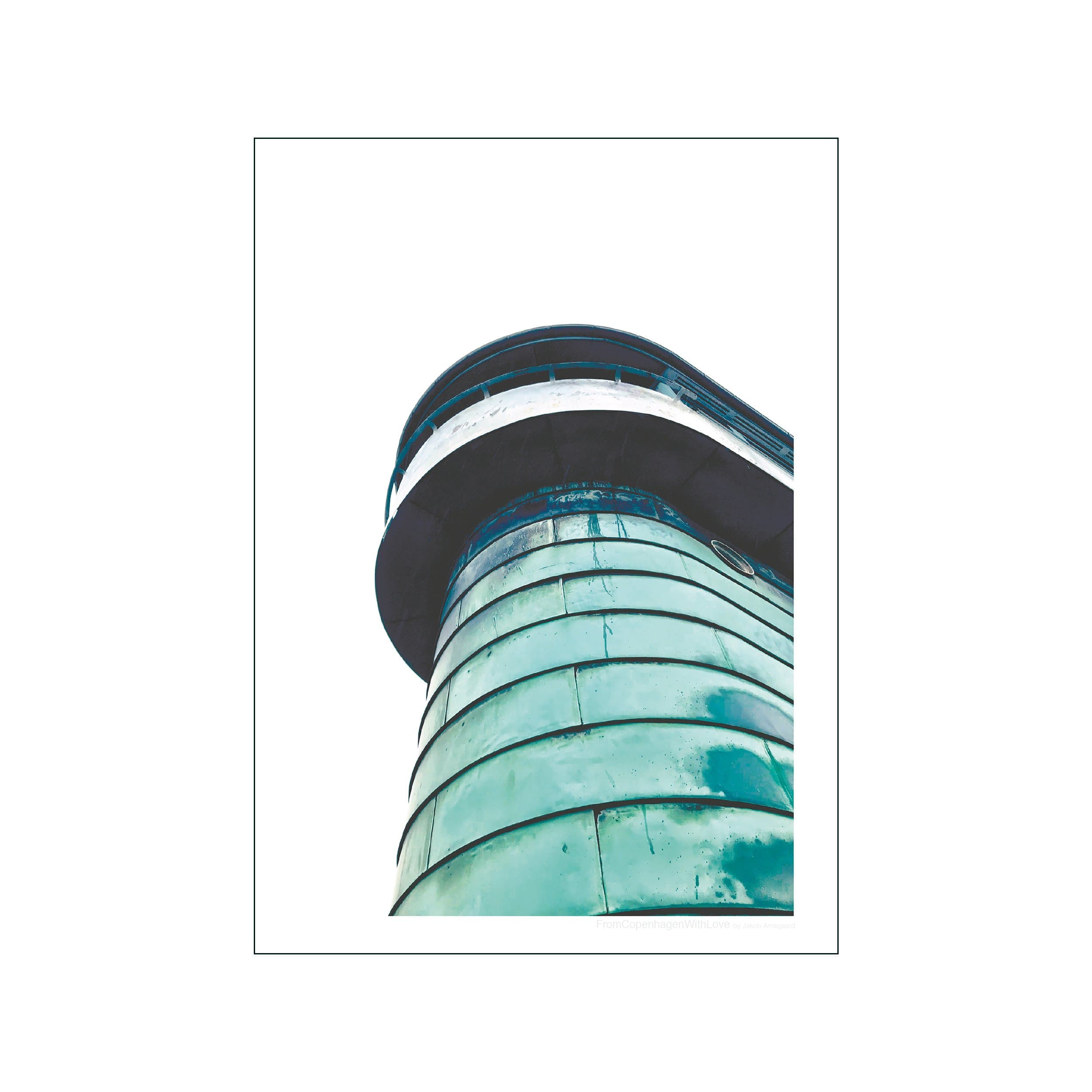 Low-angle view of Knippelsbro bridge tower in teal, white, and dark tones