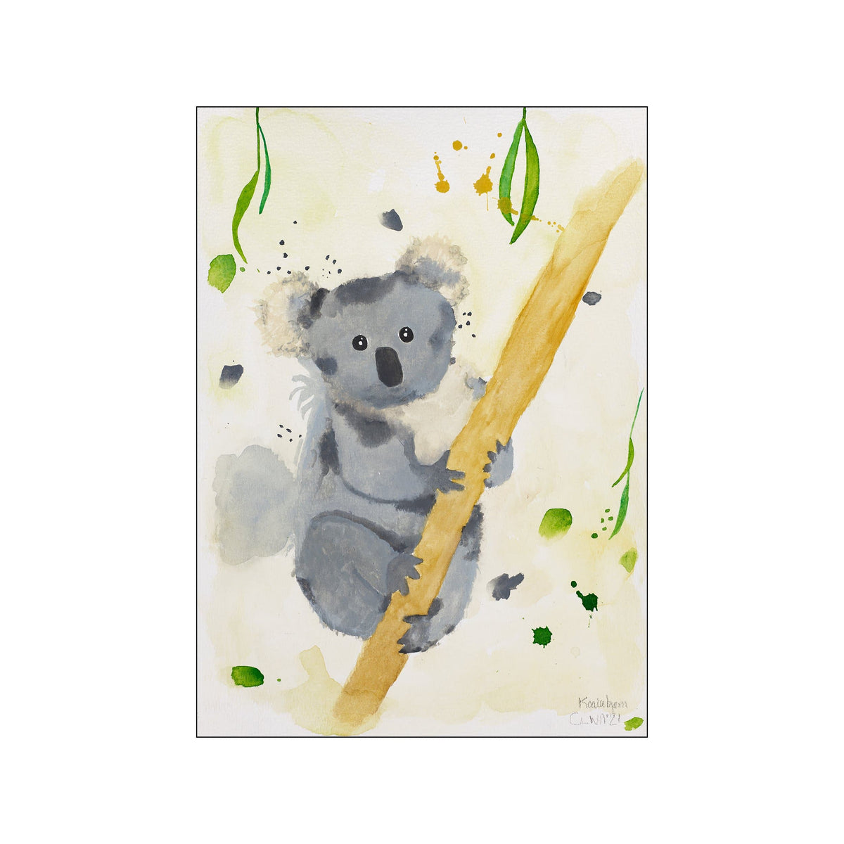A watercolor painting of a cute koala hugging a branch, with splashes of green and yellow paint surrounding it. The artwork has a soft, dreamy, and whimsical feel.