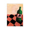 A painted still life featuring a deep green bottle of wine with a label showing dark grapes, set on a bold red and black checkerboard floor against a soft, creamy background.