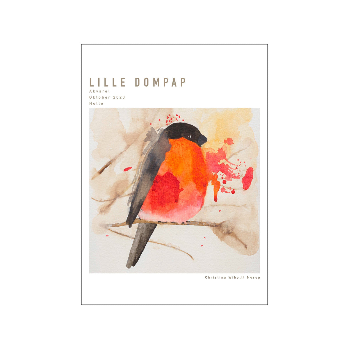 A watercolor painting of a bullfinch with a black head and bright orange breast, perched on a branch with soft brown and yellow background washes and red splatters.