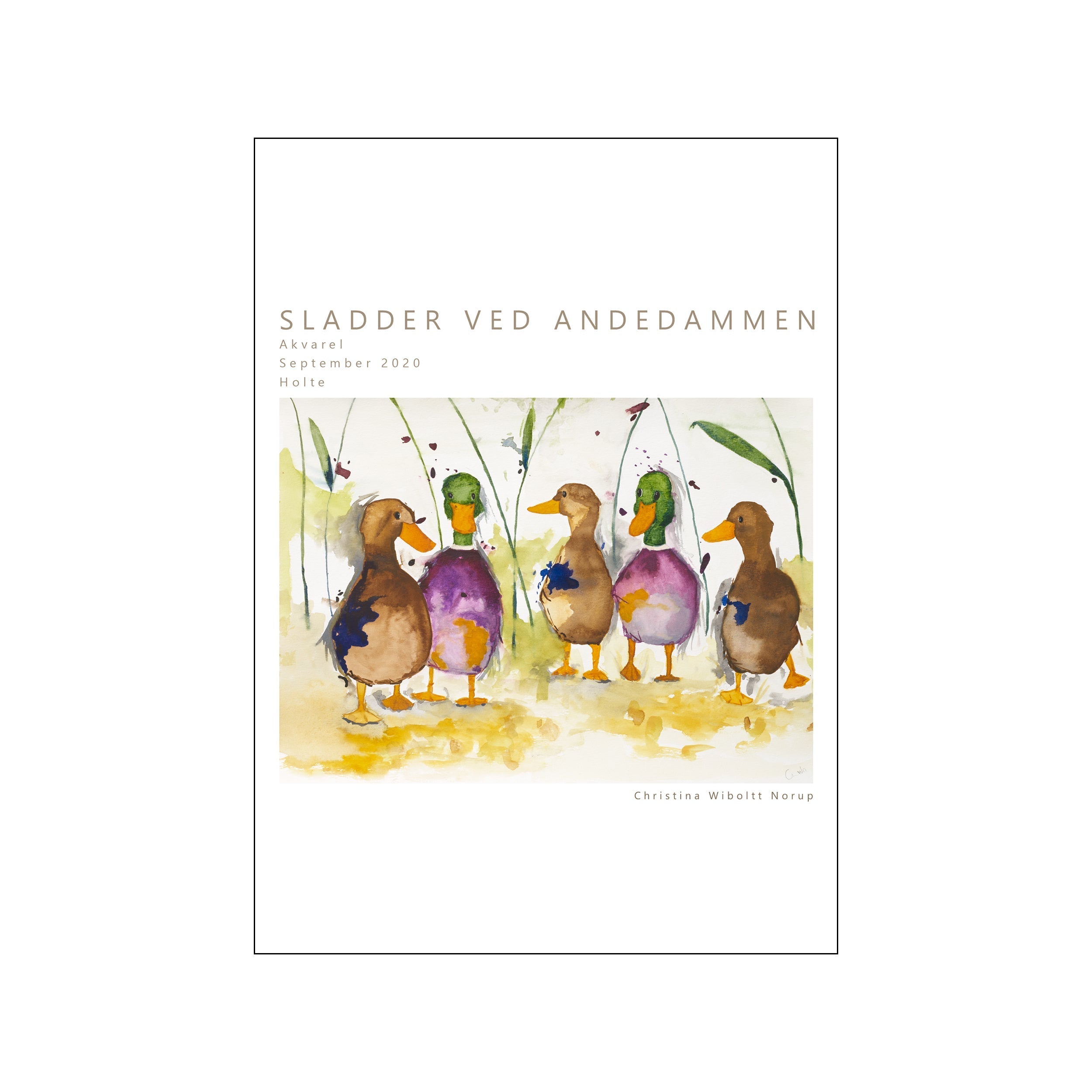 A watercolor painting of five ducks gathered by a pond, with green reeds and splashes of purple ink. The ducks are depicted in earthy browns and soft purples, with vibrant orange beaks and feet.