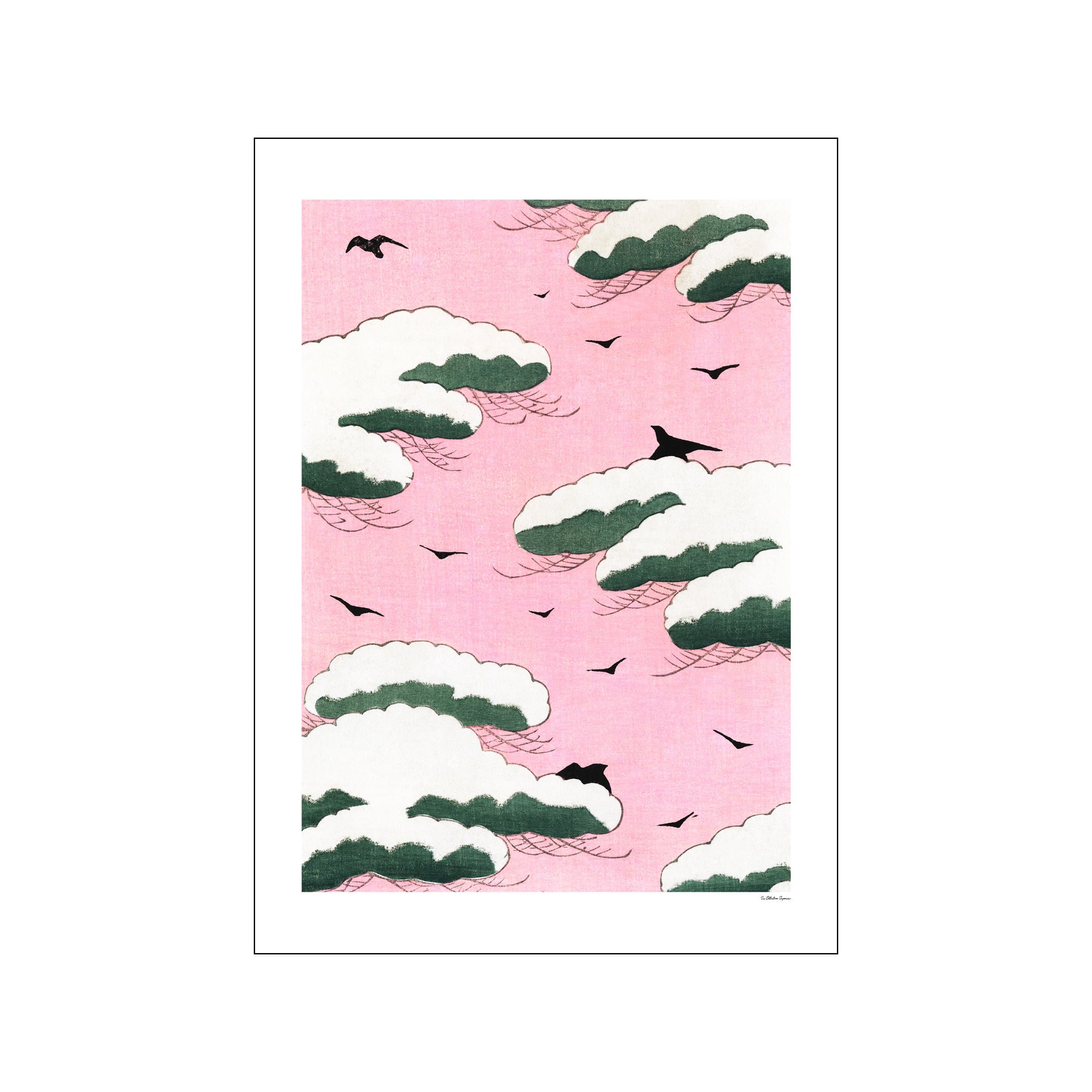 Pink Japanese-inspired cloudscape with green edged clouds and small black birds