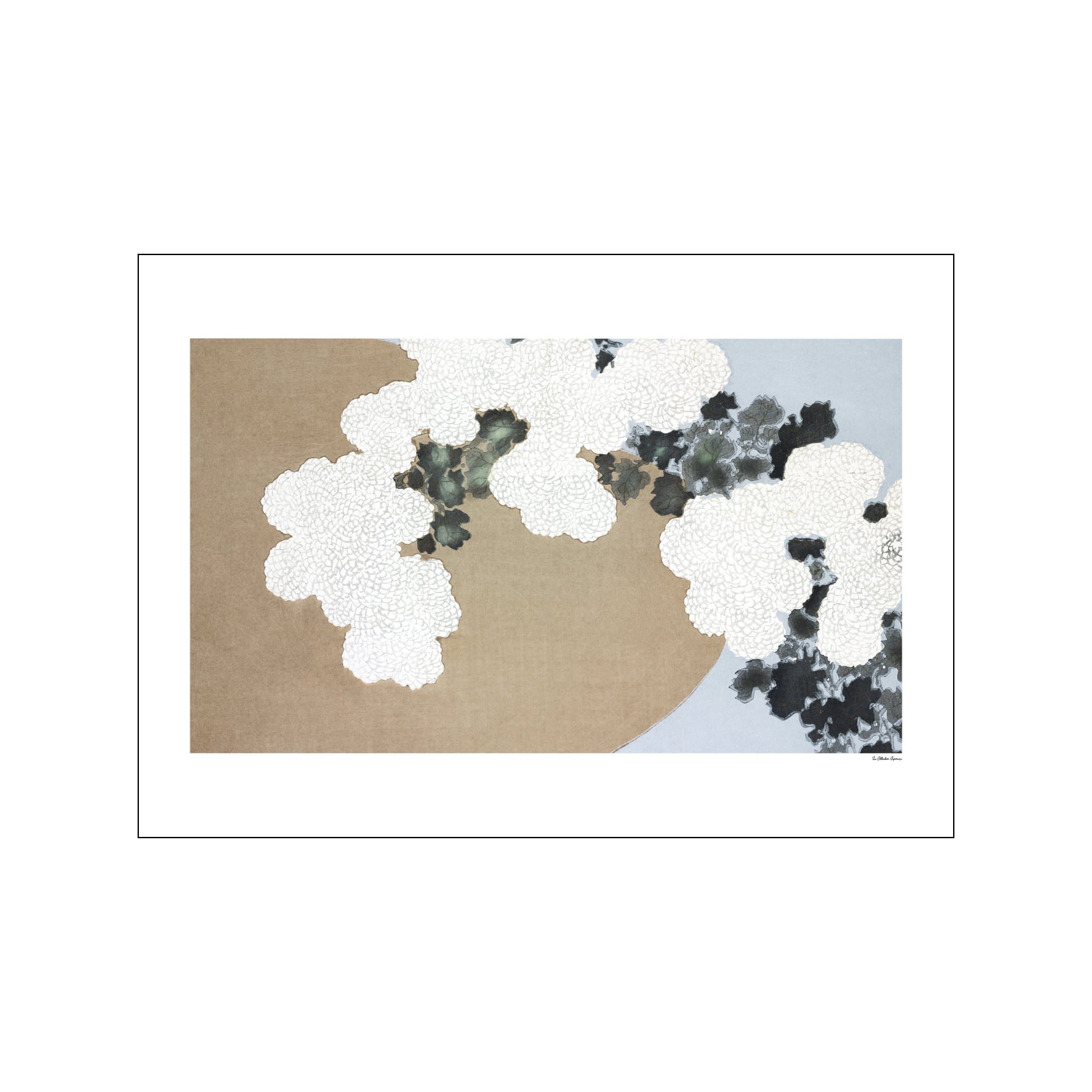 White chrysanthemum blossoms layered over tan, blue, and charcoal abstract fields