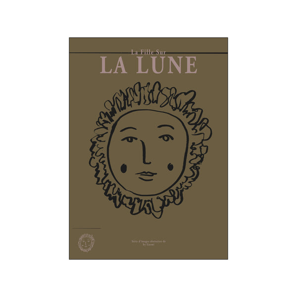 A stylized, hand-drawn face with a radiant halo is centered on a muted olive background. The text 'La Fille Sur LA LUNE' appears above in a soft pink hue.