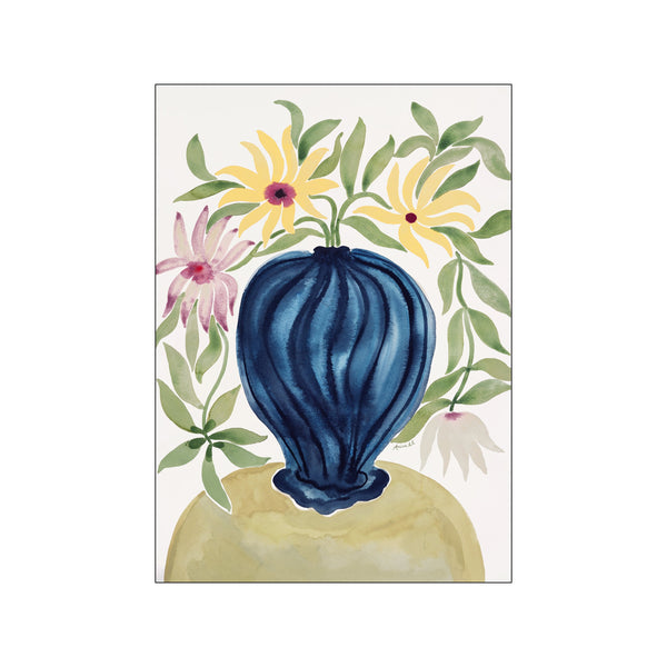 A watercolor painting of a striking blue vase filled with yellow and pink dahlias, surrounded by flowing green leaves, set against a soft golden base.