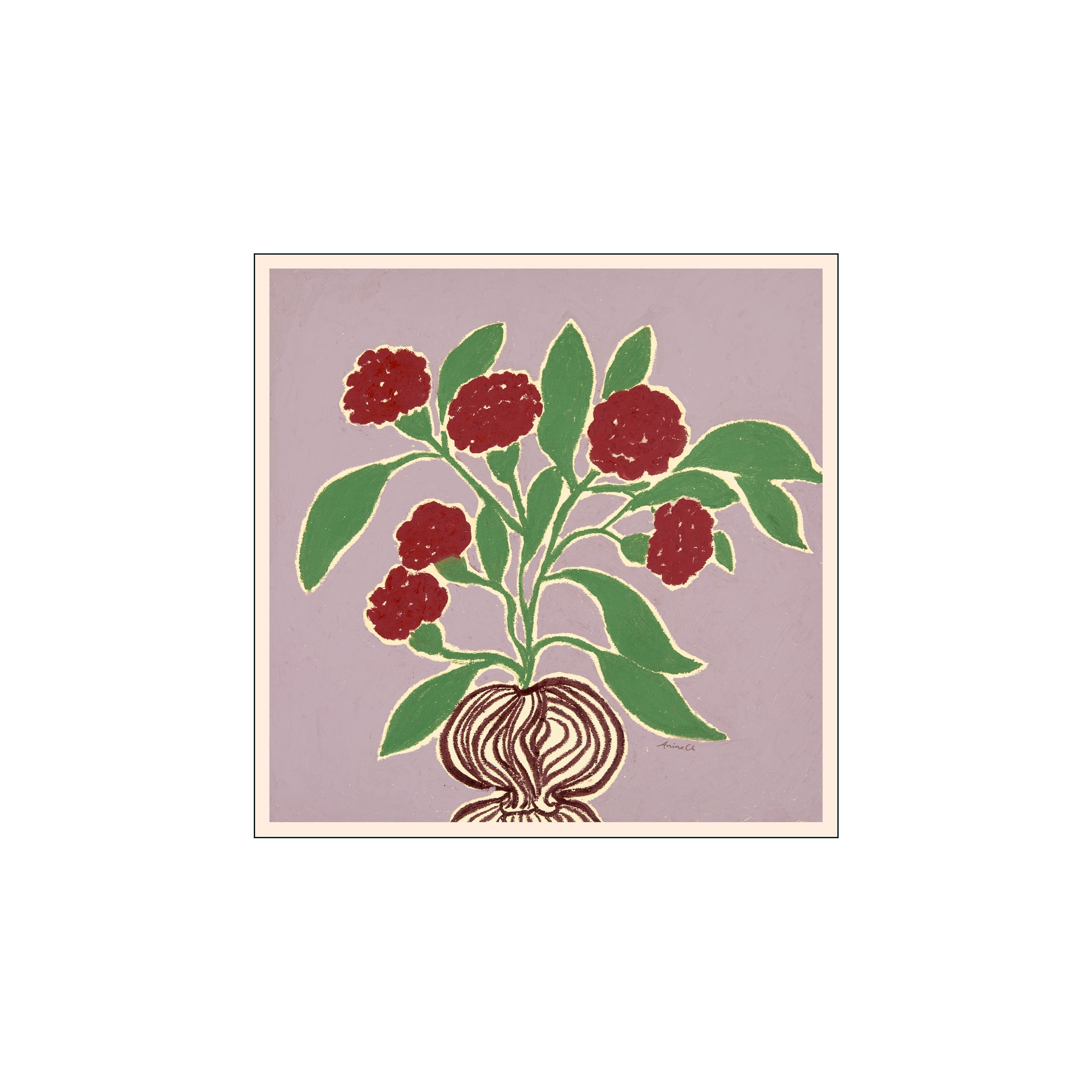 A stylized painting of deep red dahlia flowers with vibrant green leaves, set against a soft purple background, with a dark-outlined bulb at the base.