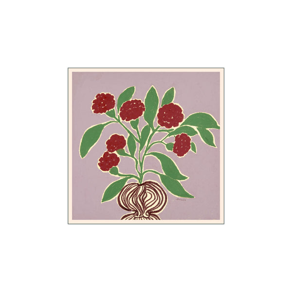 A stylized painting of deep red dahlia flowers with vibrant green leaves, set against a soft purple background, with a dark-outlined bulb at the base.