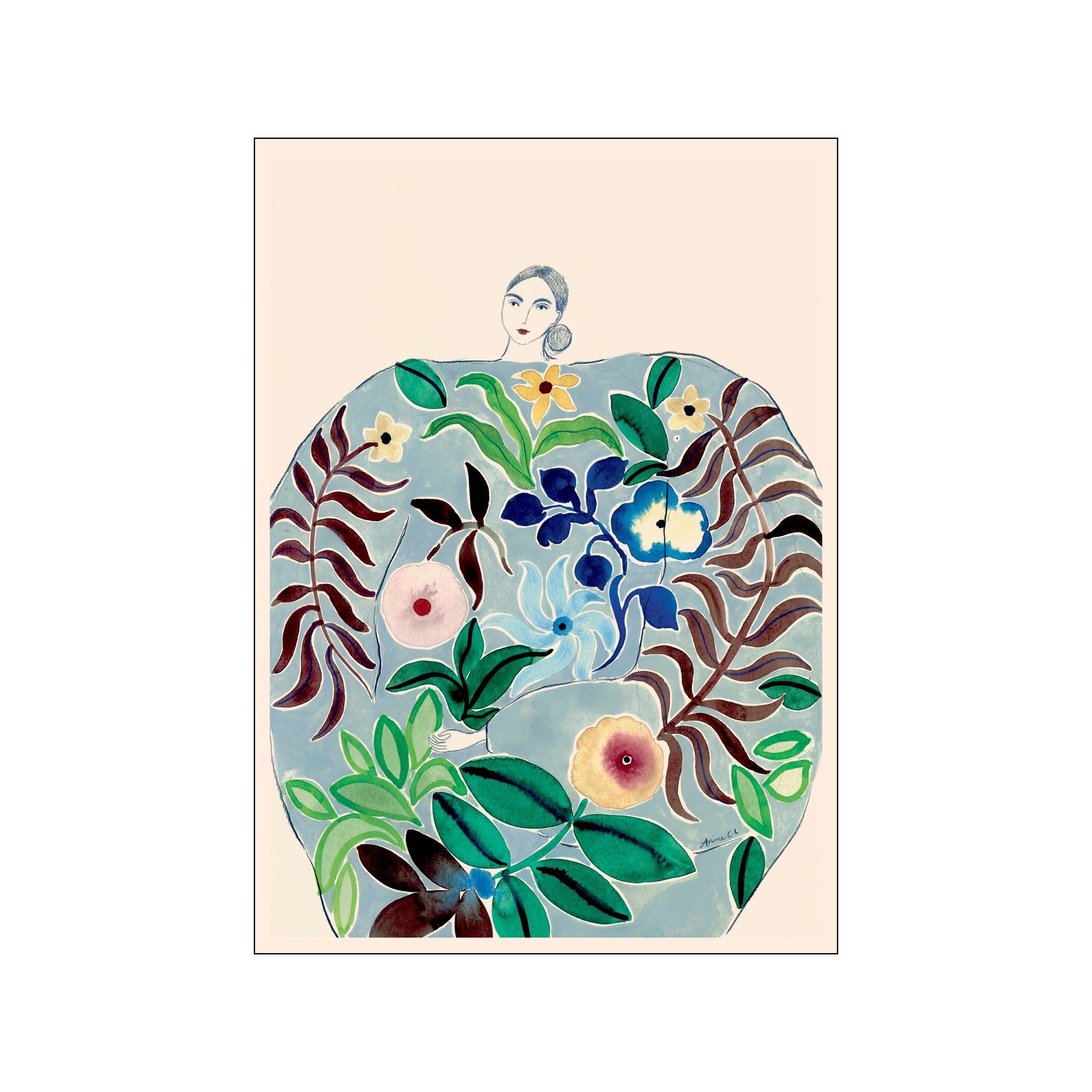 A gentle portrait of a woman with her head and shoulders visible, wearing a voluminous, flowing garment that appears to be made of watercolor foliage and flowers in shades of blue, green, and deep red.