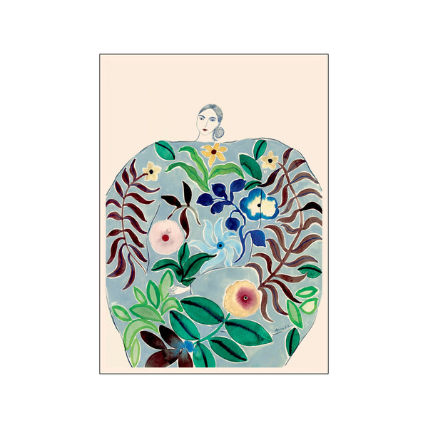 A gentle portrait of a woman with her head and shoulders visible, wearing a voluminous, flowing garment that appears to be made of watercolor foliage and flowers in shades of blue, green, and deep red.