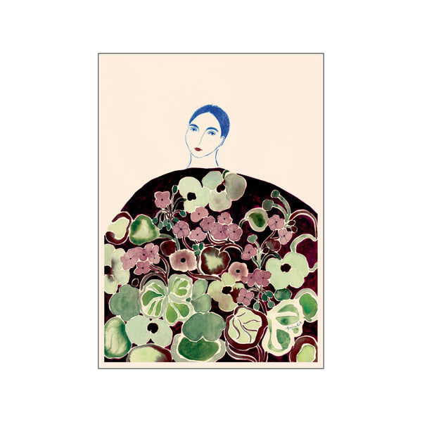 A striking portrait of a woman adorned in a dark, voluminous garment covered in large, stylized flowers in shades of sage green, muted purple, and deep plum, set against a soft, pale background.