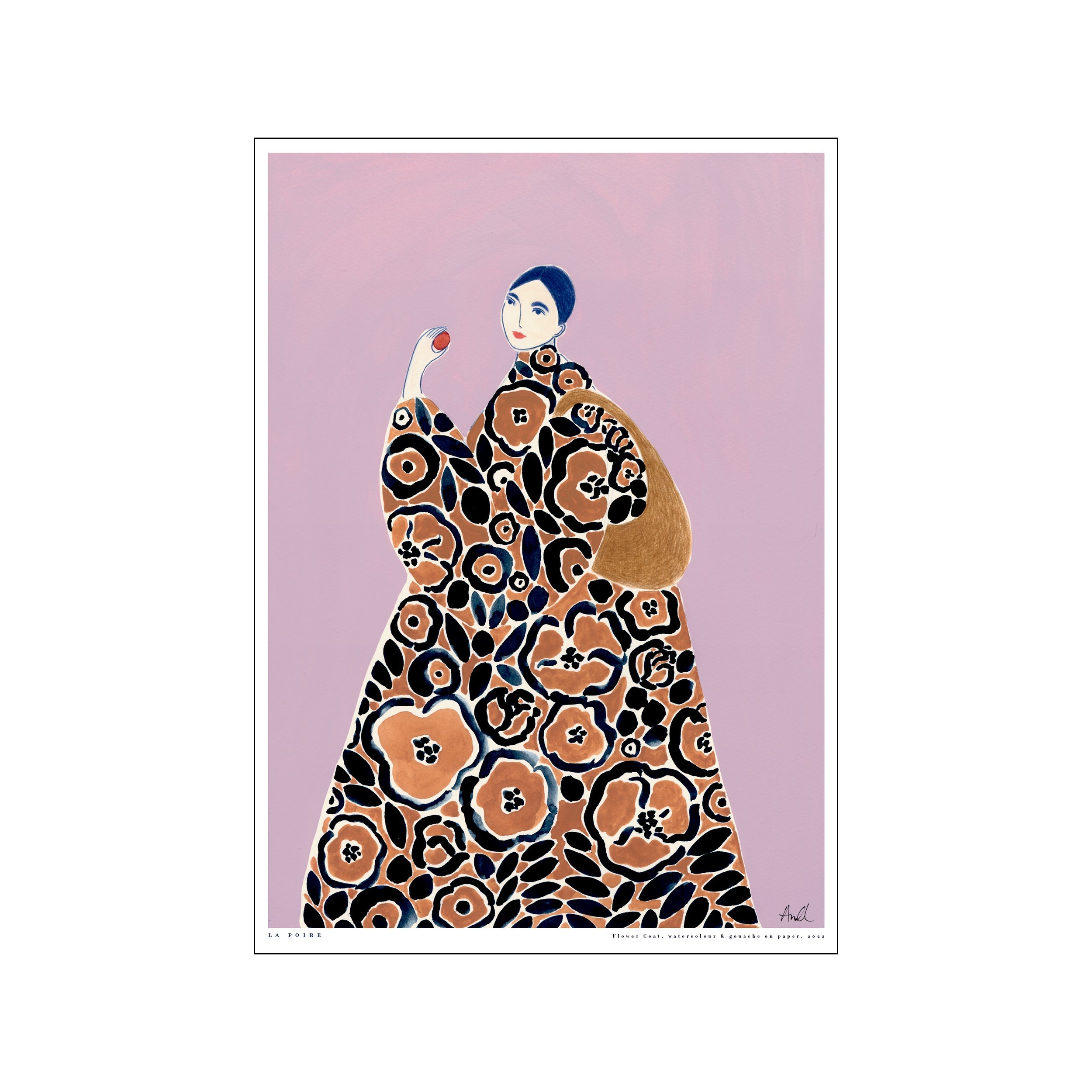 An abstract portrait of a figure wearing a patterned robe with bold floral designs in brown, black, and navy on a soft pink background. The figure holds a red orb.
