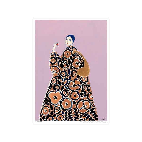 An abstract portrait of a figure wearing a patterned robe with bold floral designs in brown, black, and navy on a soft pink background. The figure holds a red orb.