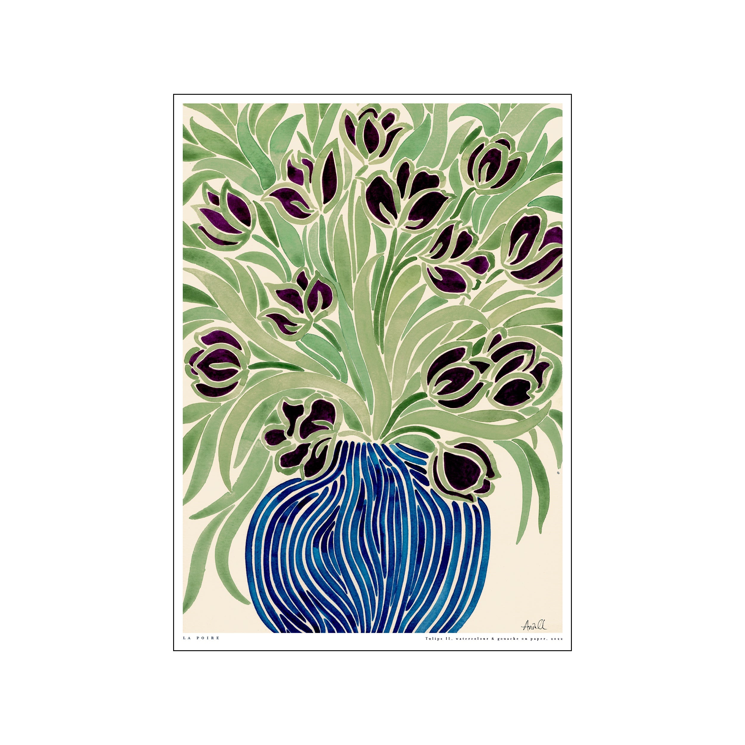 A watercolor-style illustration featuring a bouquet of deep purple tulips with lush green leaves arranged in a striking blue striped vase against a cream background.