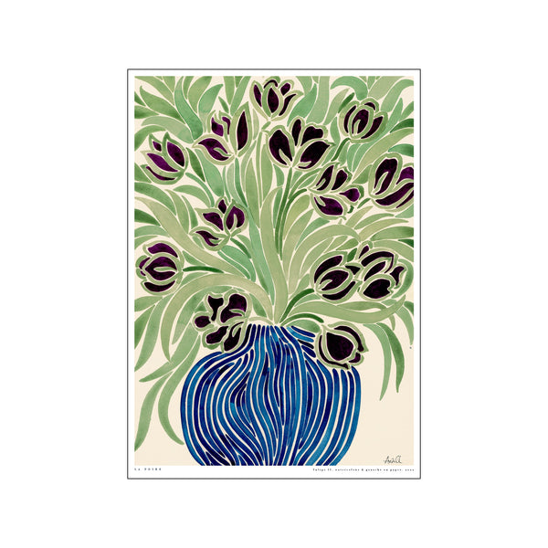 A watercolor-style illustration featuring a bouquet of deep purple tulips with lush green leaves arranged in a striking blue striped vase against a cream background.