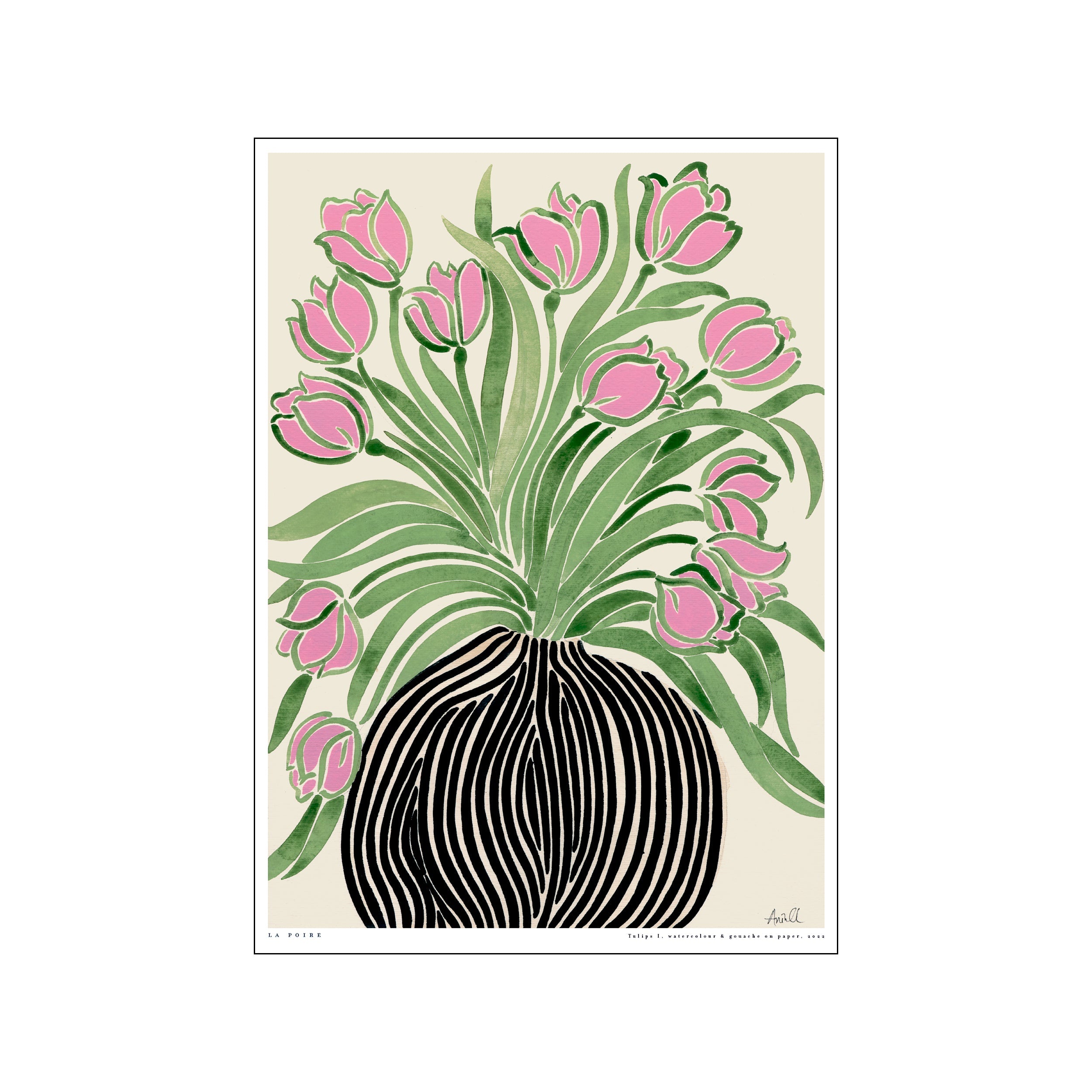 A watercolor painting of a bouquet of pink tulips with green leaves in a black and white striped vase, set against a cream background.