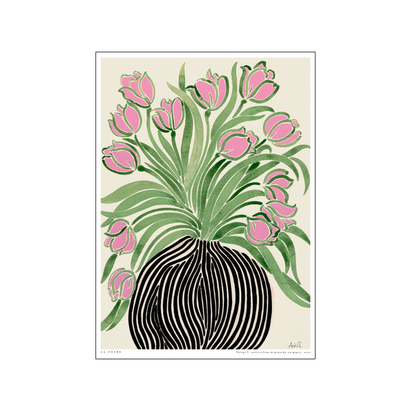 A watercolor painting of a bouquet of pink tulips with green leaves in a black and white striped vase, set against a cream background.
