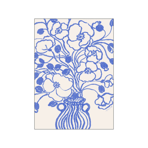 A charming illustration of wild poppies in a striped vase, rendered in bold, textured strokes of cerulean blue against a soft cream background, exuding artistic elegance and tranquility.