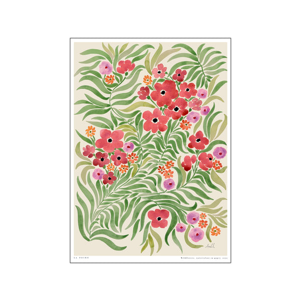 A delightful arrangement of hand-painted wildflowers in shades of coral, fuchsia, and orange, interspersed with soft green leaves, set against a creamy, neutral background, exuding a bohemian and natural vibe.
