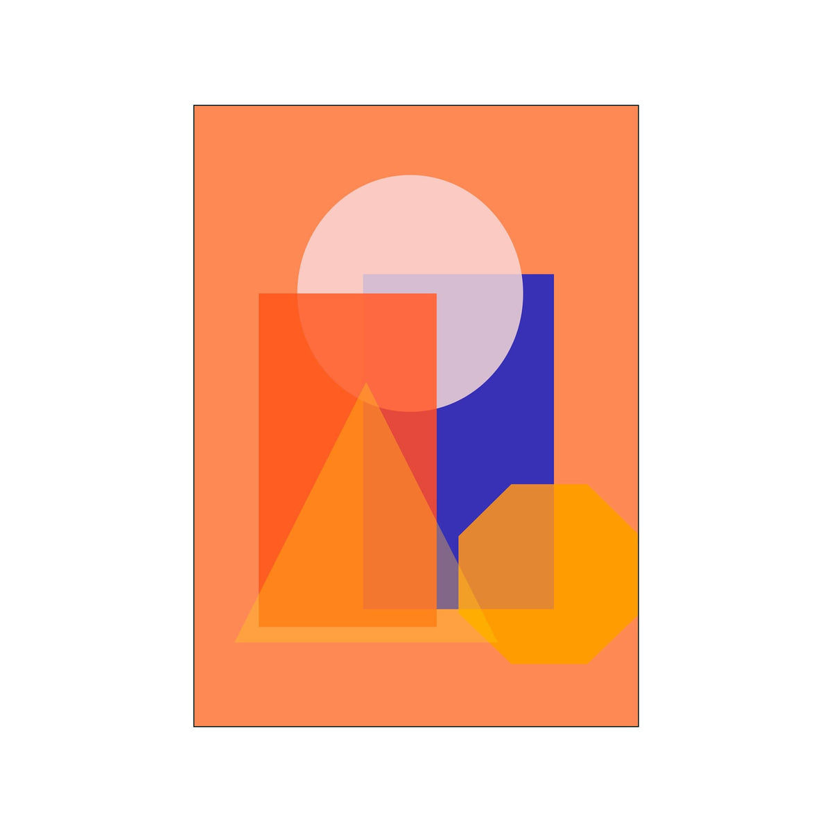 Abstract geometric print with orange field, blue rectangle, pale circle, and layered shapes