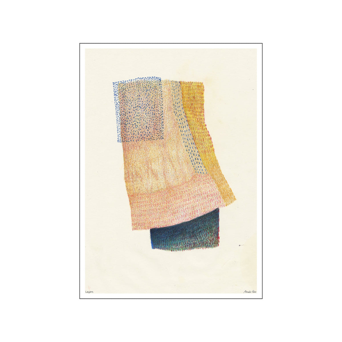 Abstract layered print with textured yellow, pink, blue, and cream forms on a pale ground