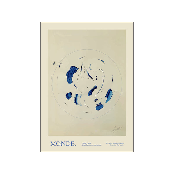 Abstract artwork featuring bold, sweeping strokes of deep blue paint against a soft cream background, enclosed by a thin blue circular line. Text at the bottom reads "MONDE." and other details.