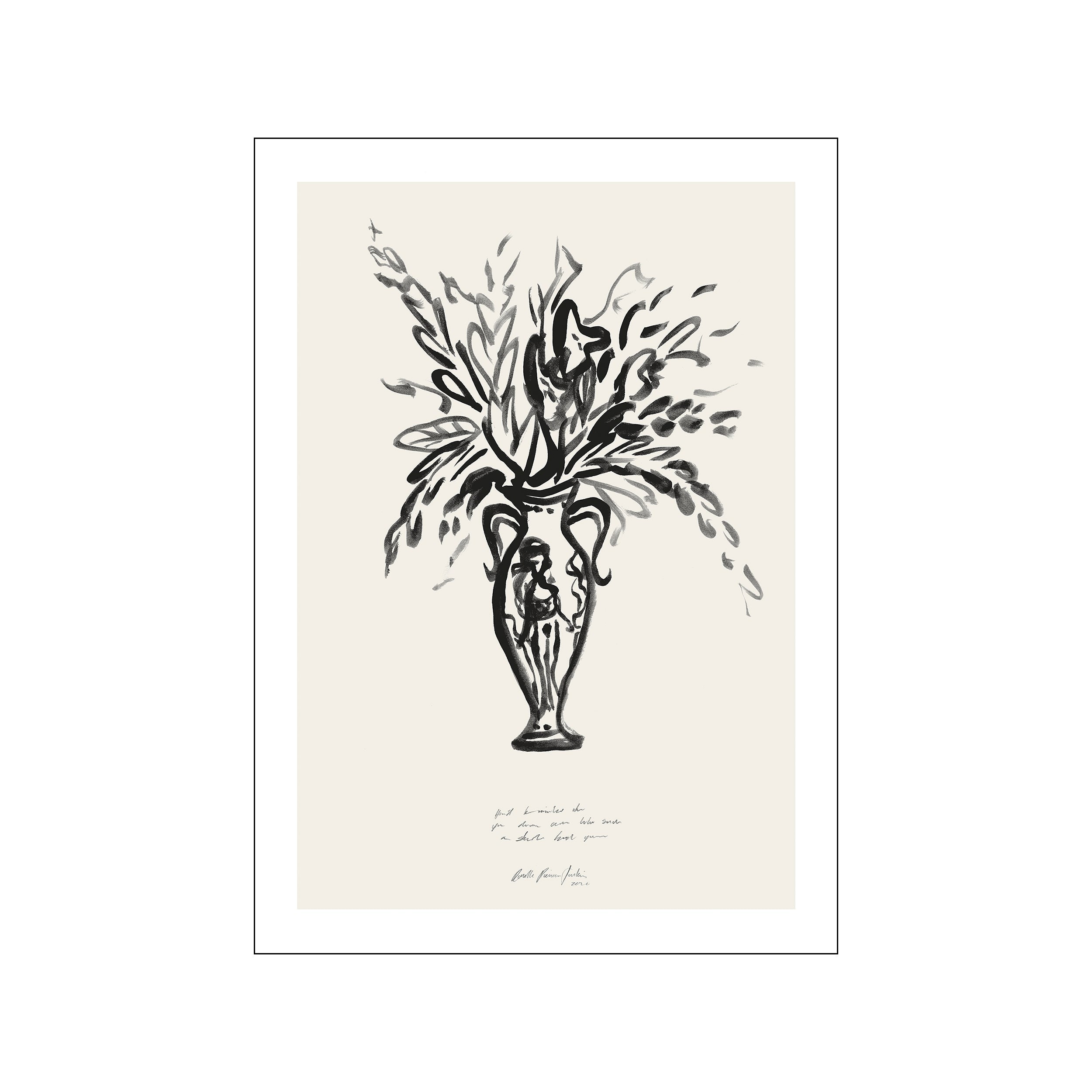 An abstract ink drawing of a vase filled with lush, flowing foliage and blooms. The artwork features bold black brushstrokes against a soft, neutral background, conveying a sense of organic movement and artistic depth.