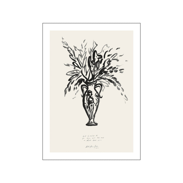 An abstract ink drawing of a vase filled with lush, flowing foliage and blooms. The artwork features bold black brushstrokes against a soft, neutral background, conveying a sense of organic movement and artistic depth.