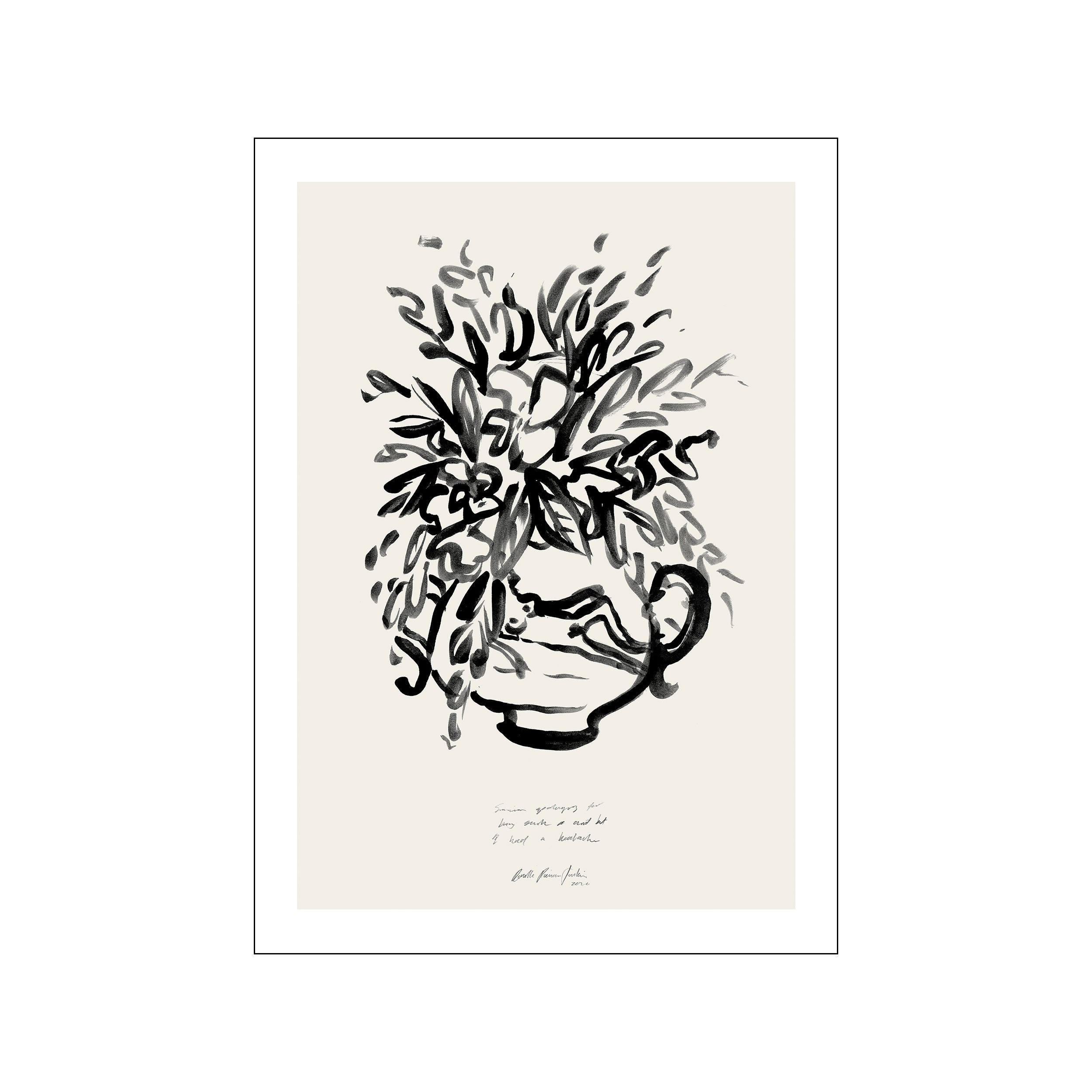 An abstract ink drawing of a vase overflowing with dark, wispy brushstrokes that suggest foliage or flowers, set against a soft, neutral background. The piece has a loose, gestural style.