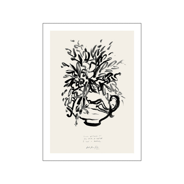 An abstract ink drawing of a vase overflowing with dark, wispy brushstrokes that suggest foliage or flowers, set against a soft, neutral background. The piece has a loose, gestural style.