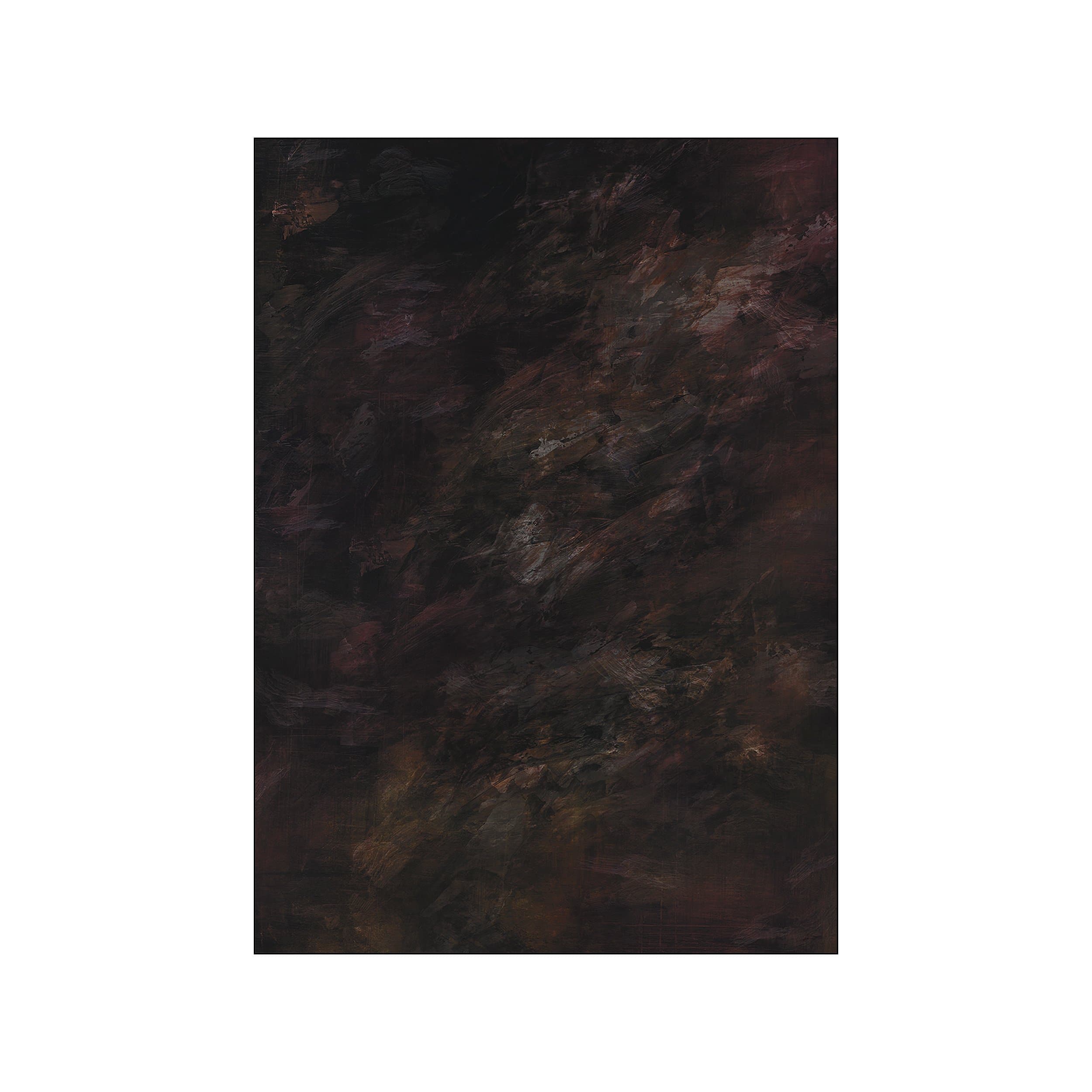 An abstract artwork by Kasteel with textured, painterly strokes in deep, dark shades of umber, charcoal, and subtle berry, evoking natural earth formations.