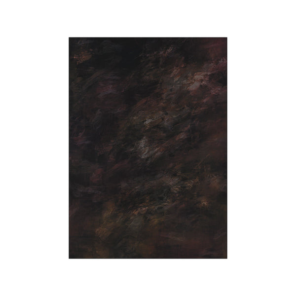 An abstract artwork by Kasteel with textured, painterly strokes in deep, dark shades of umber, charcoal, and subtle berry, evoking natural earth formations.