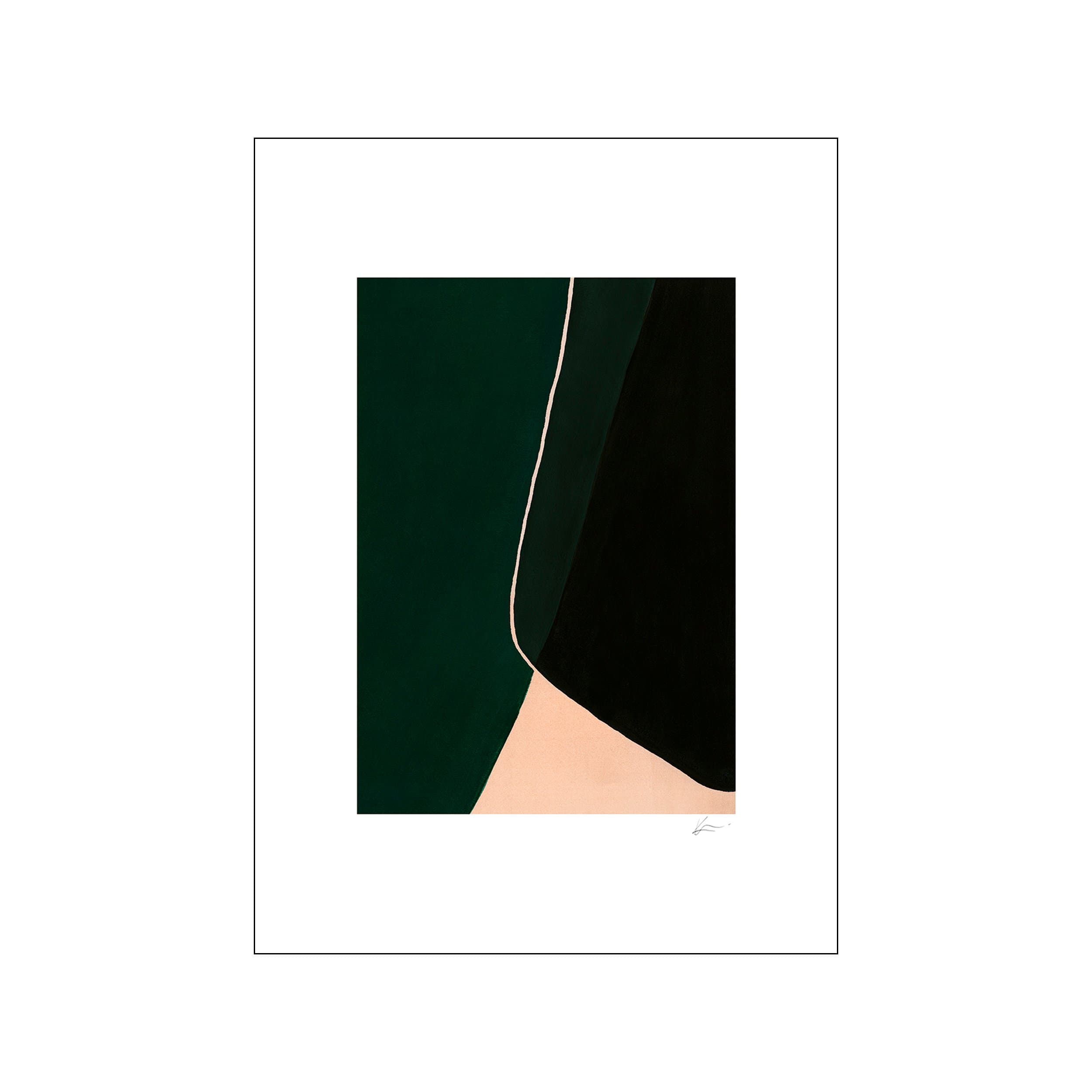 Abstract composition with overlapping shapes in deep green, black, and soft peach, divided by a thin, delicate off-white line, evoking a sense of depth and calm.