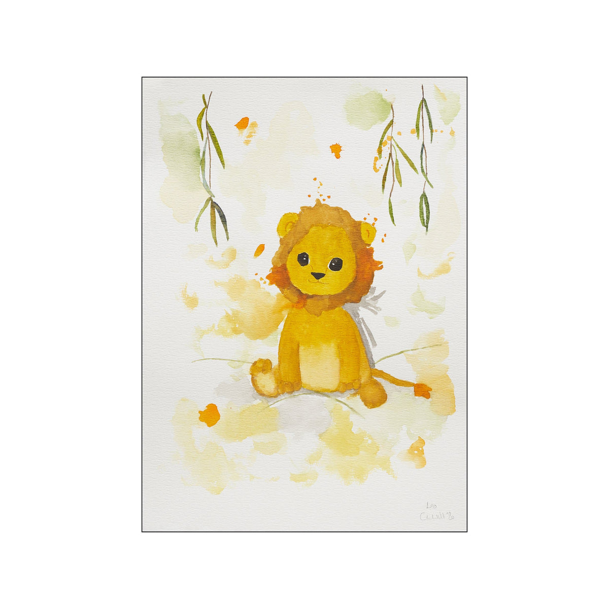 A soft watercolor painting of a cute, friendly lion cub sitting amidst abstract green and yellow splotches, with delicate green foliage hanging above. The overall mood is gentle, whimsical, and serene.
