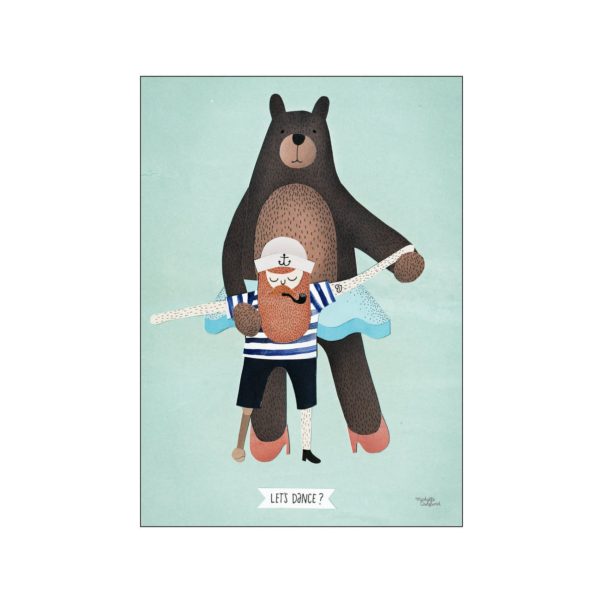 A whimsical illustration depicting a bear in ballet attire holding a sailor character with a red beard who is wearing a sailor hat and holding a pipe, inviting to dance on a soft blue background.