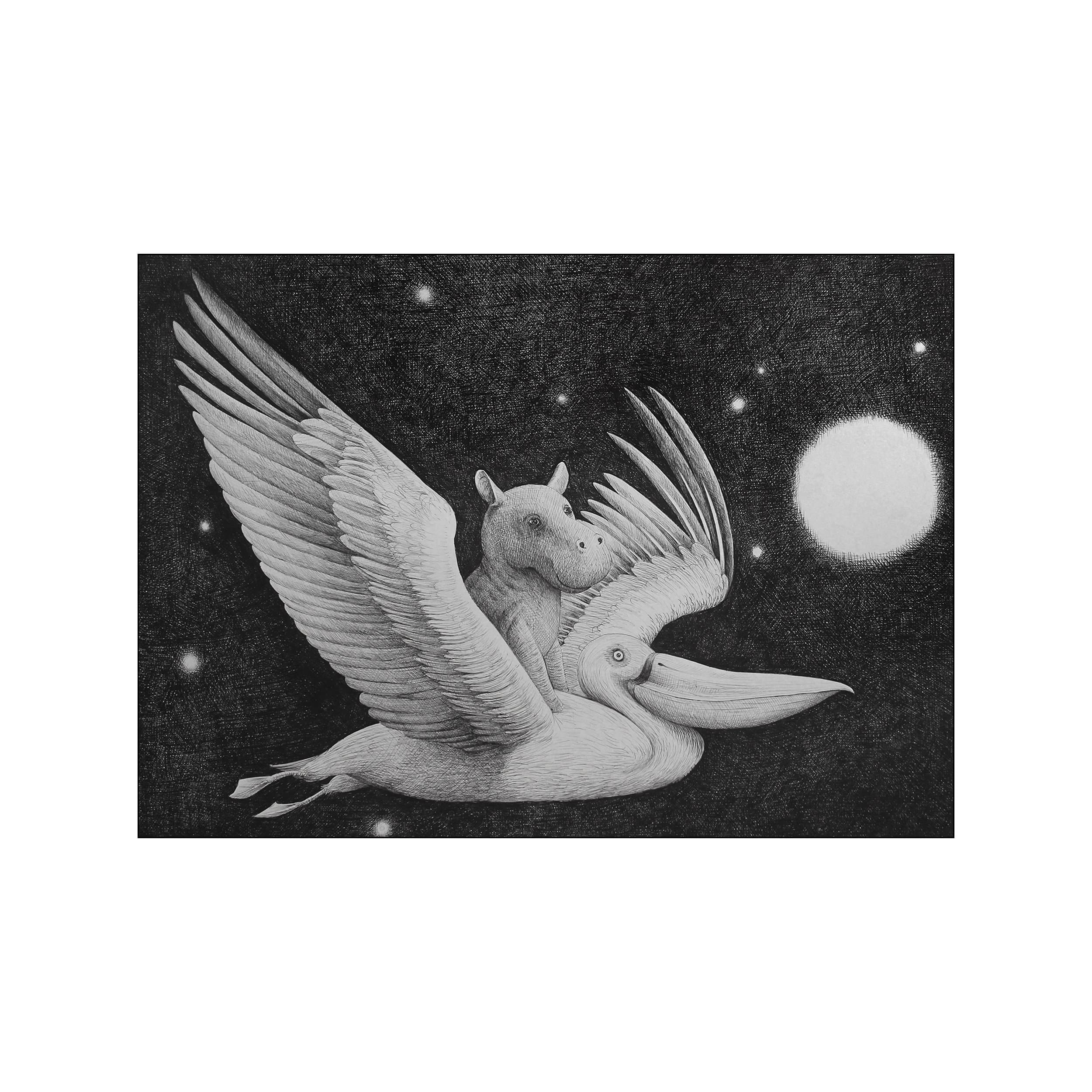 A black and white detailed drawing depicts a pelican with outstretched wings carrying a small hippo on its back, flying through a dark, star-filled night sky under a large moon.