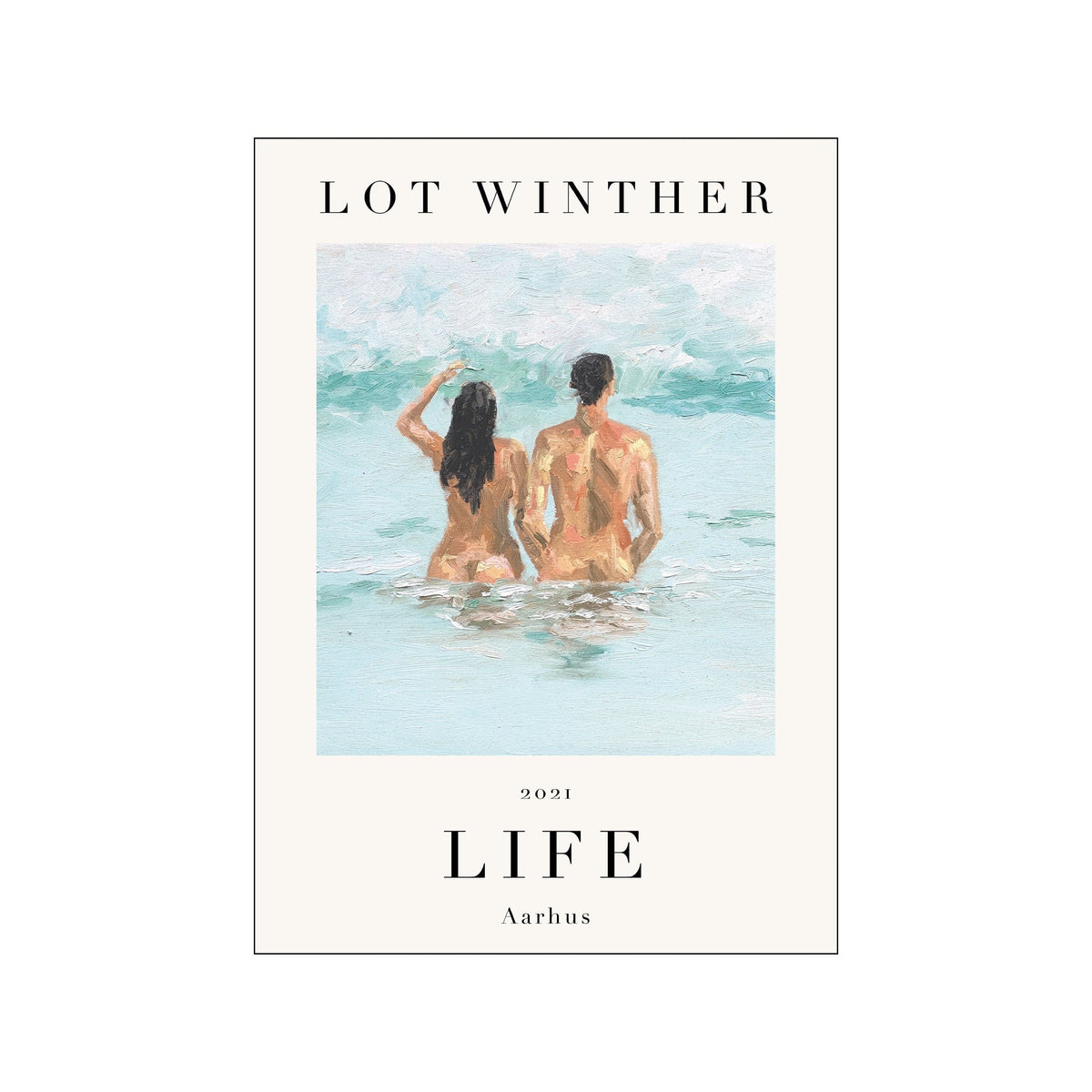 Poster print by Lot Winther showing two figures standing in pale blue water