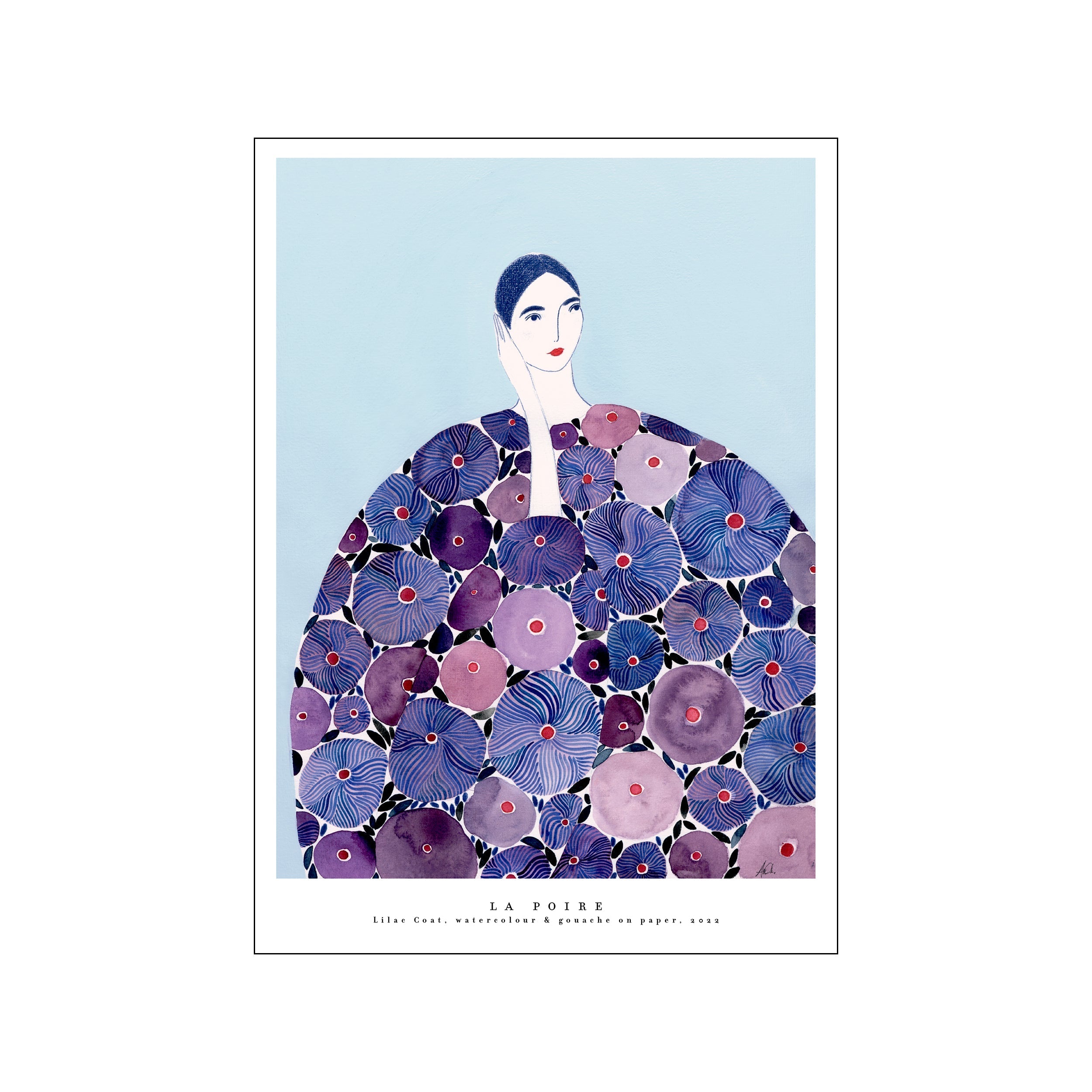 A stylized portrait of a woman wearing a voluminous coat covered in intricate, abstract floral patterns in shades of lilac and deep blue against a pale blue background.