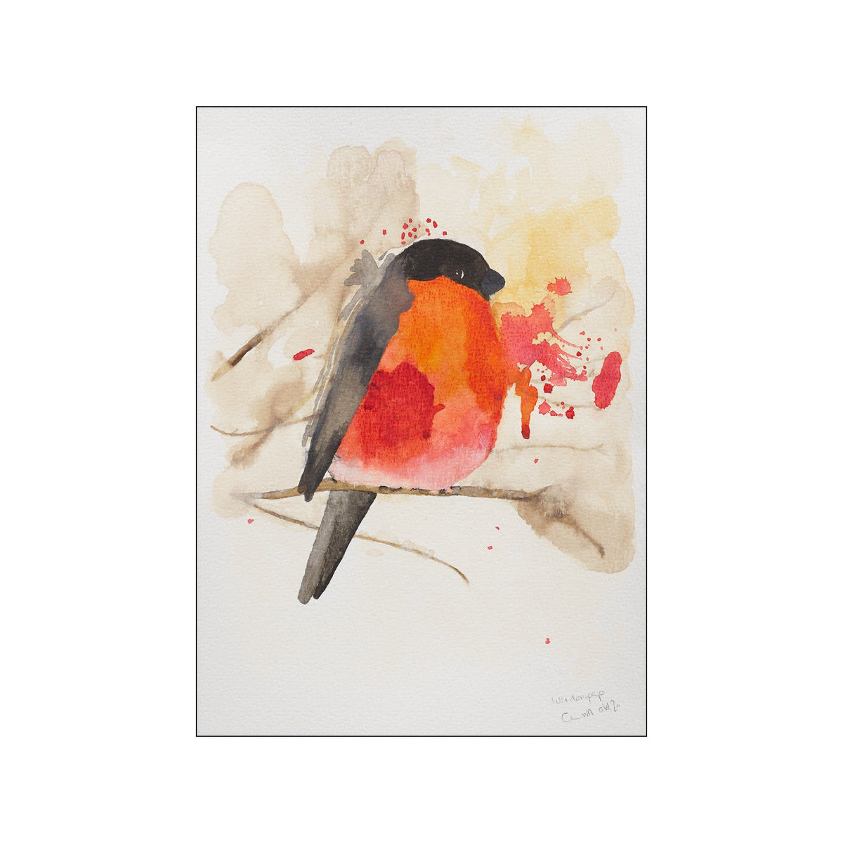 A watercolor painting of a bullfinch perched on a branch, showcasing its vibrant orange chest and black head against a wash of warm, earthy tones and subtle red splatters, conveying a serene and artistic atmosphere.