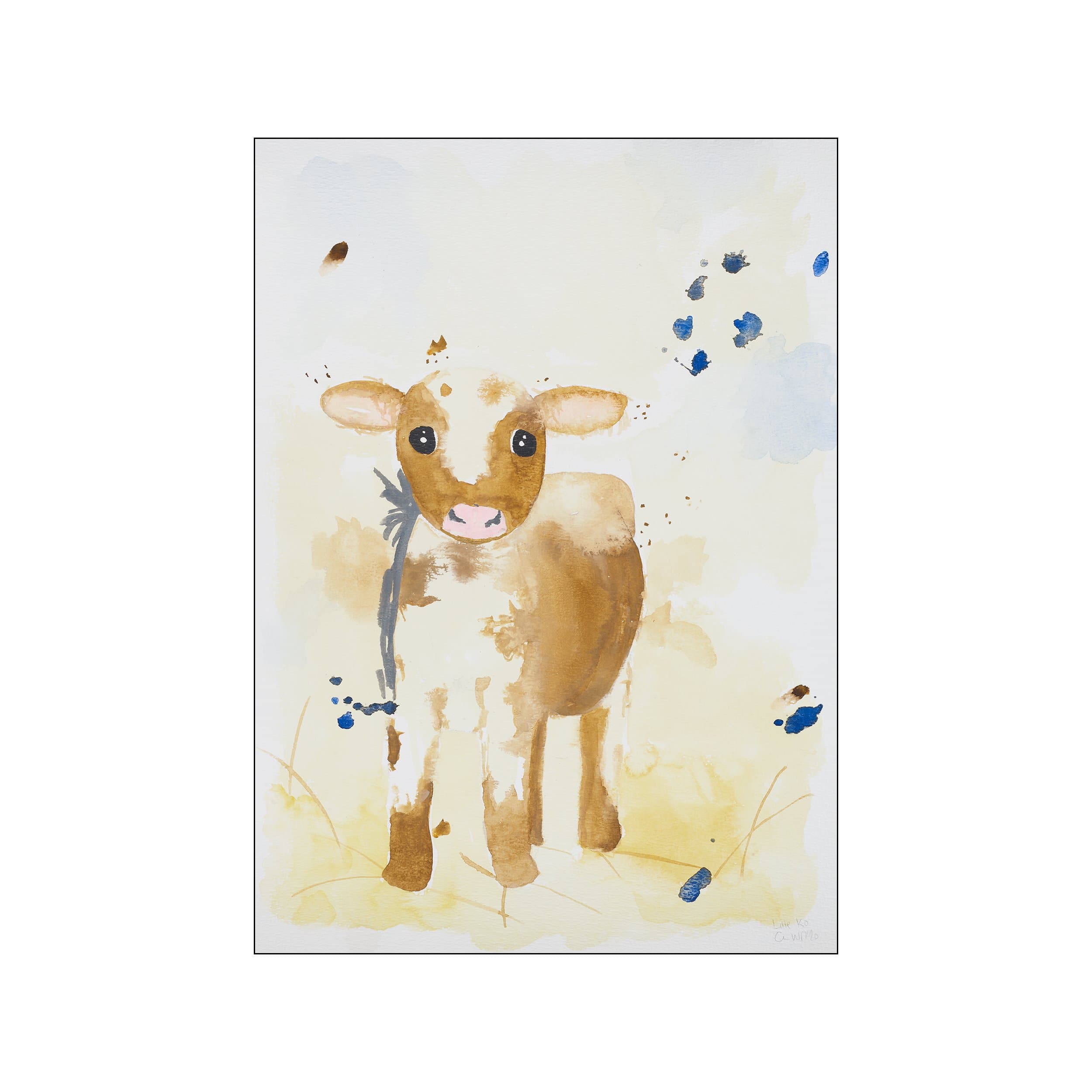 A watercolor painting of a small, light brown calf standing in a field with loose brushstrokes of yellow and beige, accented by blue splatters and delicate lines.