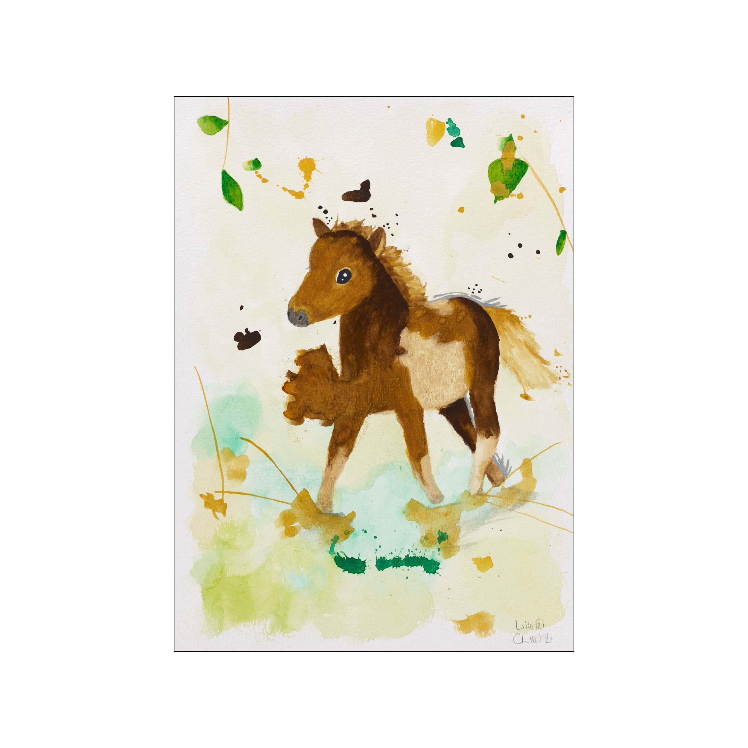 A watercolor painting of a young, brown and white foal standing in a field with scattered green leaves and golden tendrils. The background features soft washes of pale yellow and green.