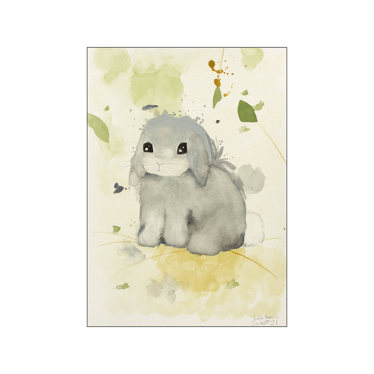 A delicate watercolor painting of a soft grey bunny with large, endearing eyes, sitting amongst abstract washes of pale green, yellow, and hints of gold, creating a serene and whimsical feel.