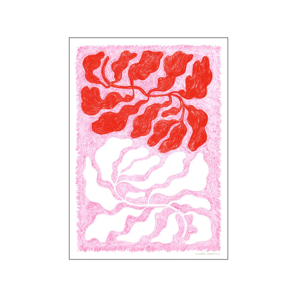An abstract artwork divided into two halves. The top half features vibrant red organic shapes resembling leaves or petals on a textured pink background. The bottom half mirrors this with white shapes against the same.