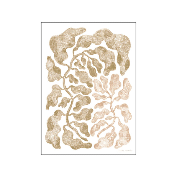 An abstract botanical artwork featuring flowing, textured leaf-like shapes in warm sepia and blush tones against a white background, creating a serene and organic visual story.