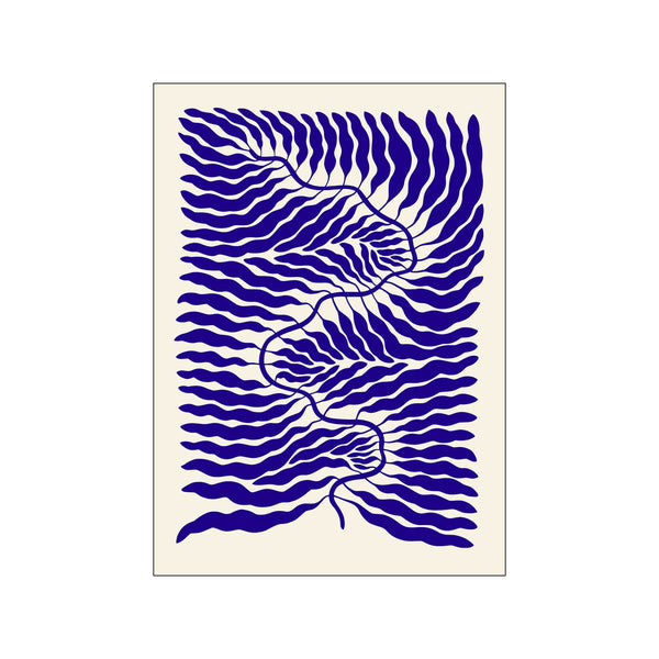 An abstract artwork featuring flowing, wave-like shapes in deep indigo blue against a soft, creamy background, reminiscent of organic forms or flowing water.