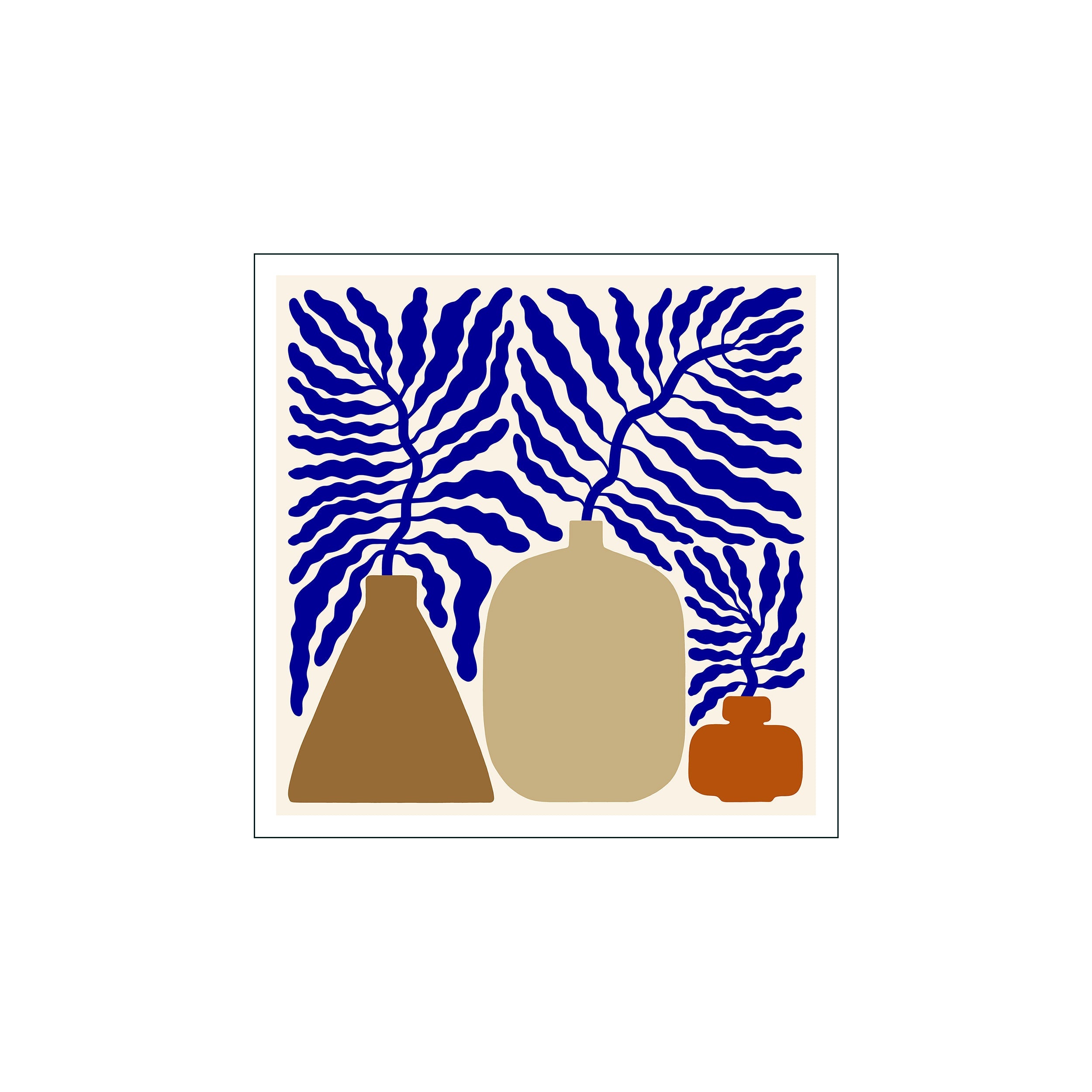 Abstract artwork featuring stylized blue botanical fronds emerging from three ceramic vases in earthy brown and tan hues, set against a cream background.