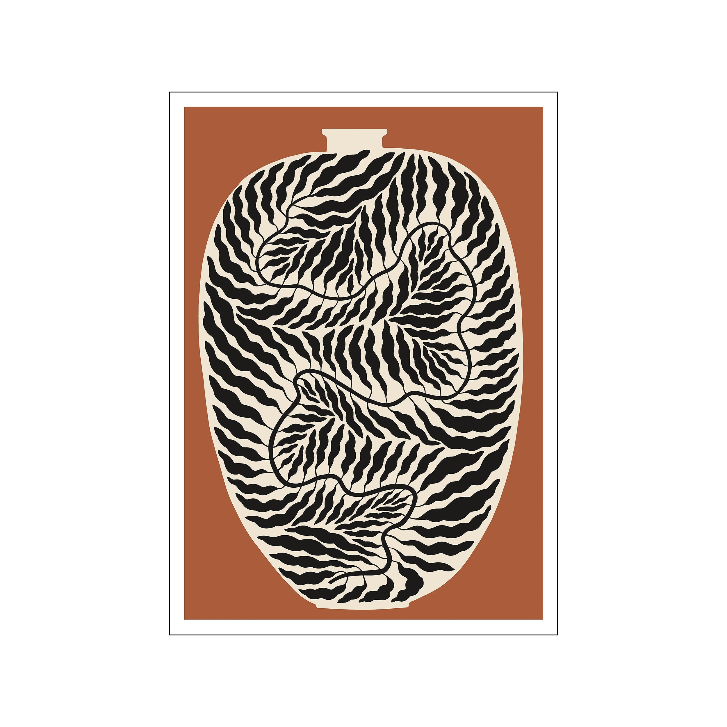 A stylized terracotta urn filled with flowing abstract black and cream patterns, set against a solid terracotta background. The artwork has a warm, organic, and modern feel, suitable for home decor.