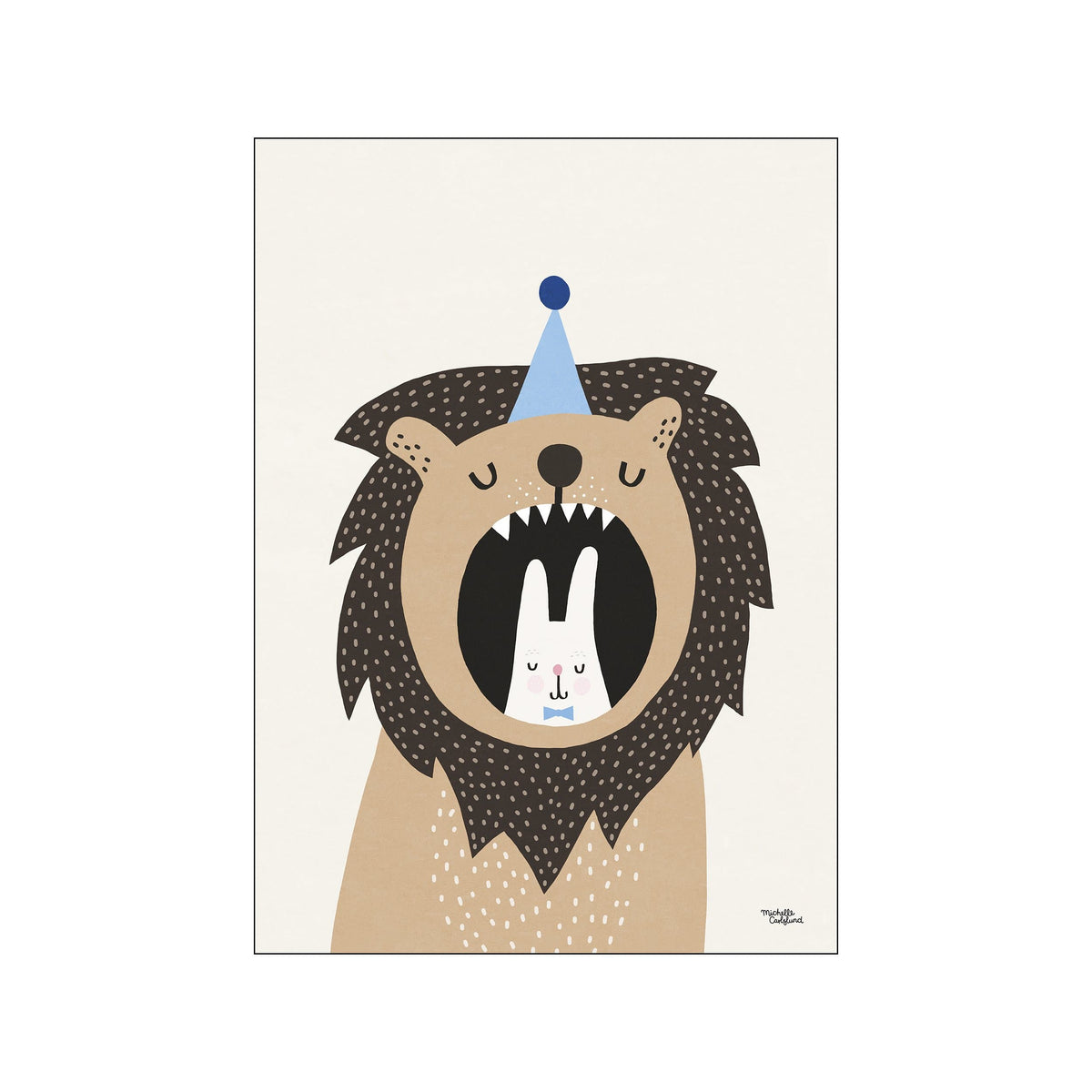 A cheerful lion wearing a blue party hat playfully opens its mouth to reveal a cute bunny wearing a blue bowtie. The artwork features a soft, creamy background and a muted color palette.