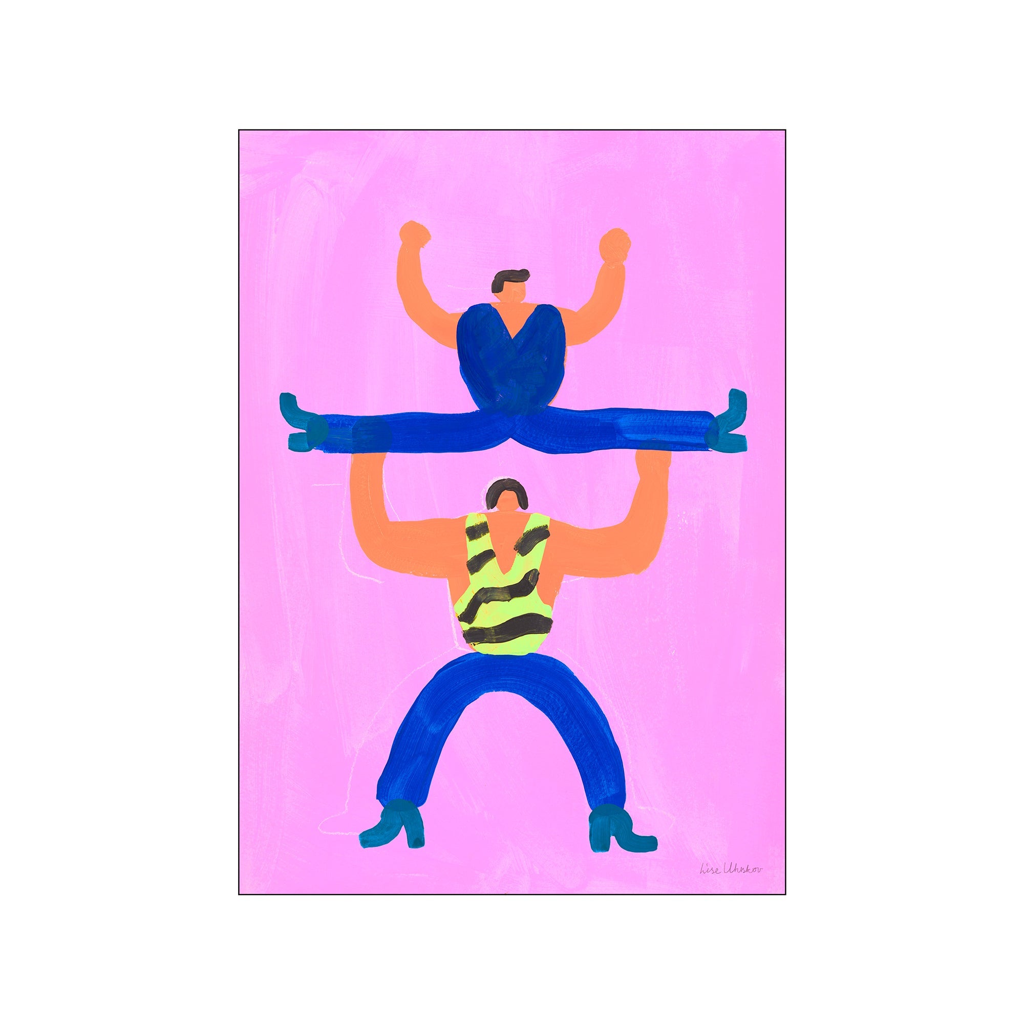 An abstract artwork featuring two stylized figures against a textured pink background; one figure supports the other in a pose of strength and unity.