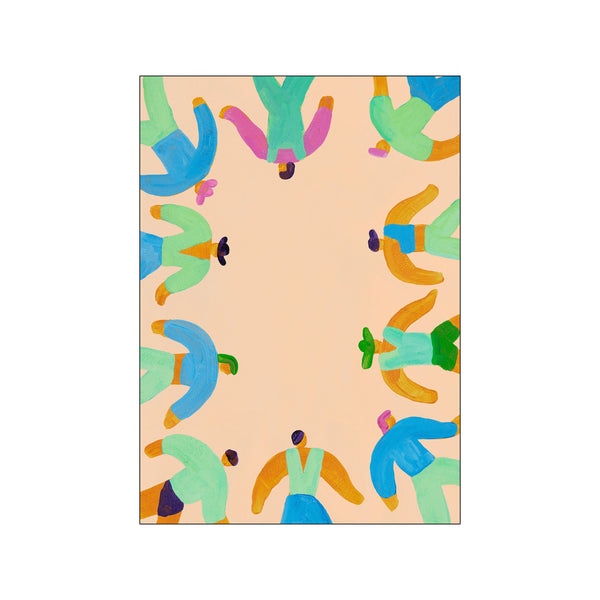 An abstract artwork featuring stylized human figures in playful poses, outlined in bold colors like teal, coral, and blue, arranged around a soft peachy background.