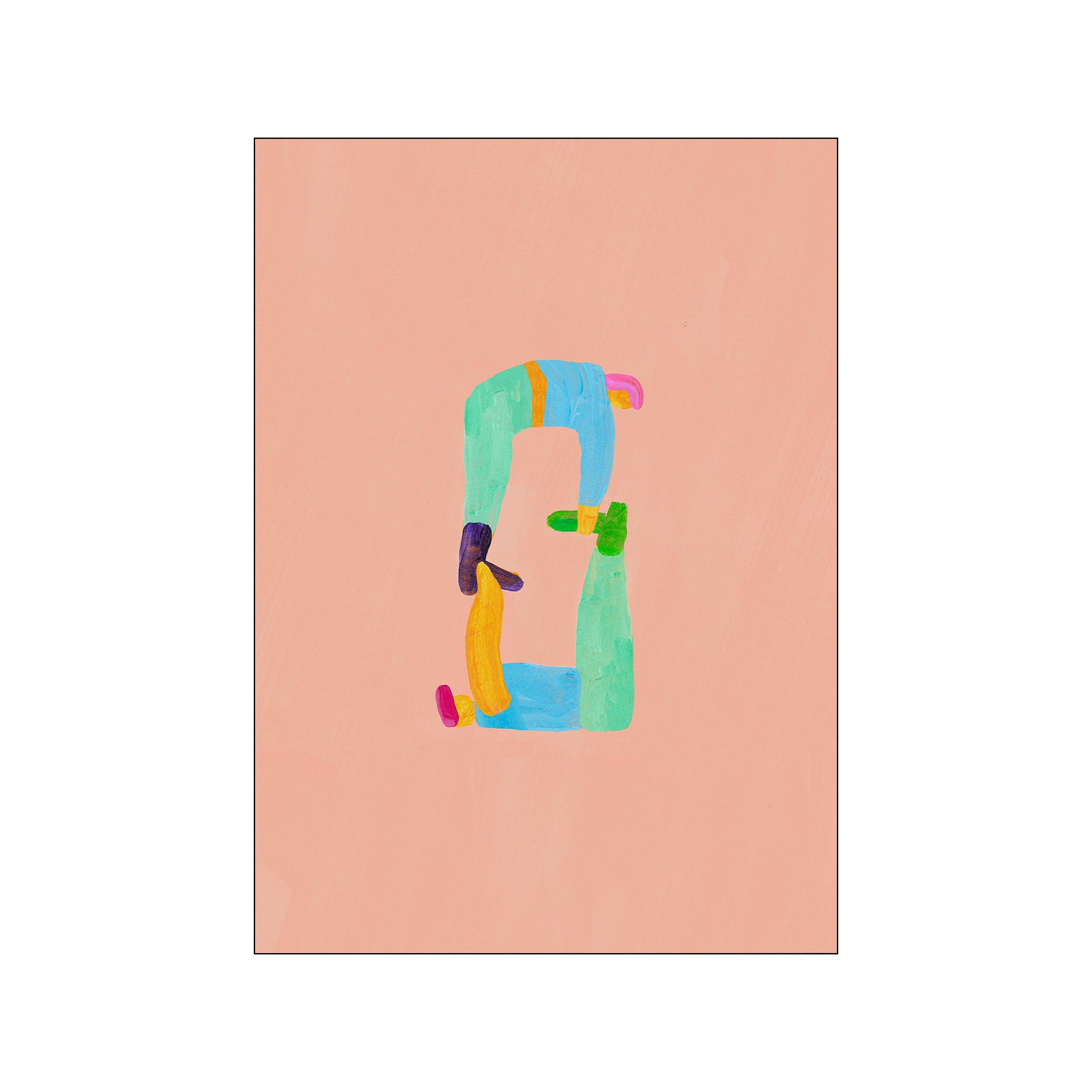 Abstract figures in blues, yellow, and green interact playfully against a soft peachy background, creating a whimsical and calming visual statement for home decor.